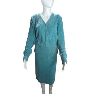 Vintage Raoul Petite Silk Angora Blend Knit Beaded Wrap Top Outfit w/Skirt Sz M